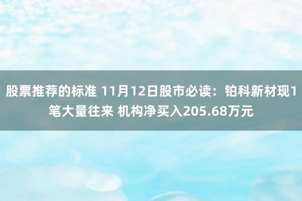 股票推荐的标准 11月12日股市必读：铂科新材现1笔大量往来 机构净买入205.68万元