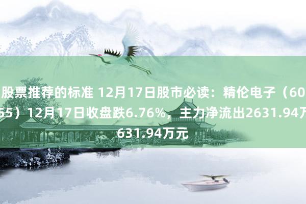 股票推荐的标准 12月17日股市必读：精伦电子（600355）12月17日收盘跌6.76%，主力净流出2631.94万元